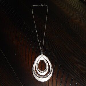 60’s Crown Trifari Large Double Teardrop Pendant Necklace Silver Tone